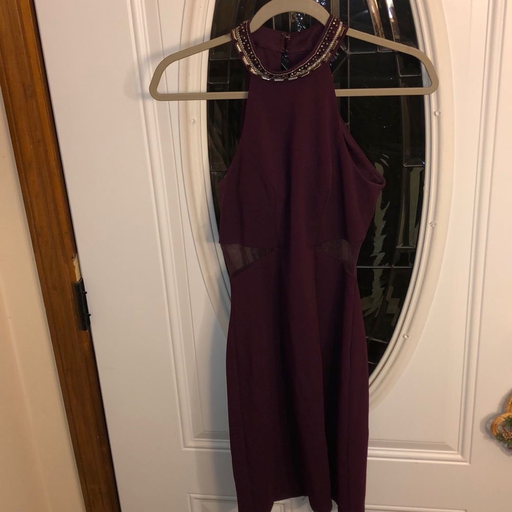 Burgundy high neck mini dress